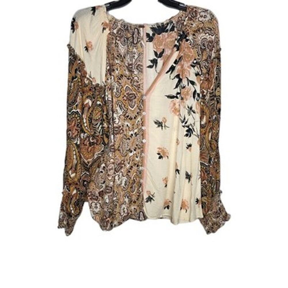 Free People Womens SZ L Gemini Patchwork Boho Blouse Floral Paisley Peasant Top